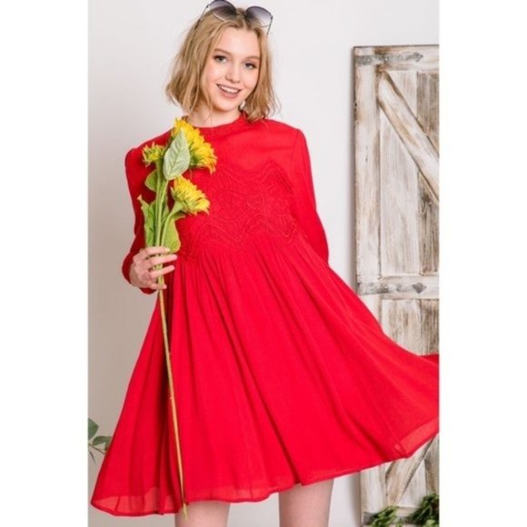 Davi & Dani Detailed Lace Vintage Dress Red - Picture 1 of 11